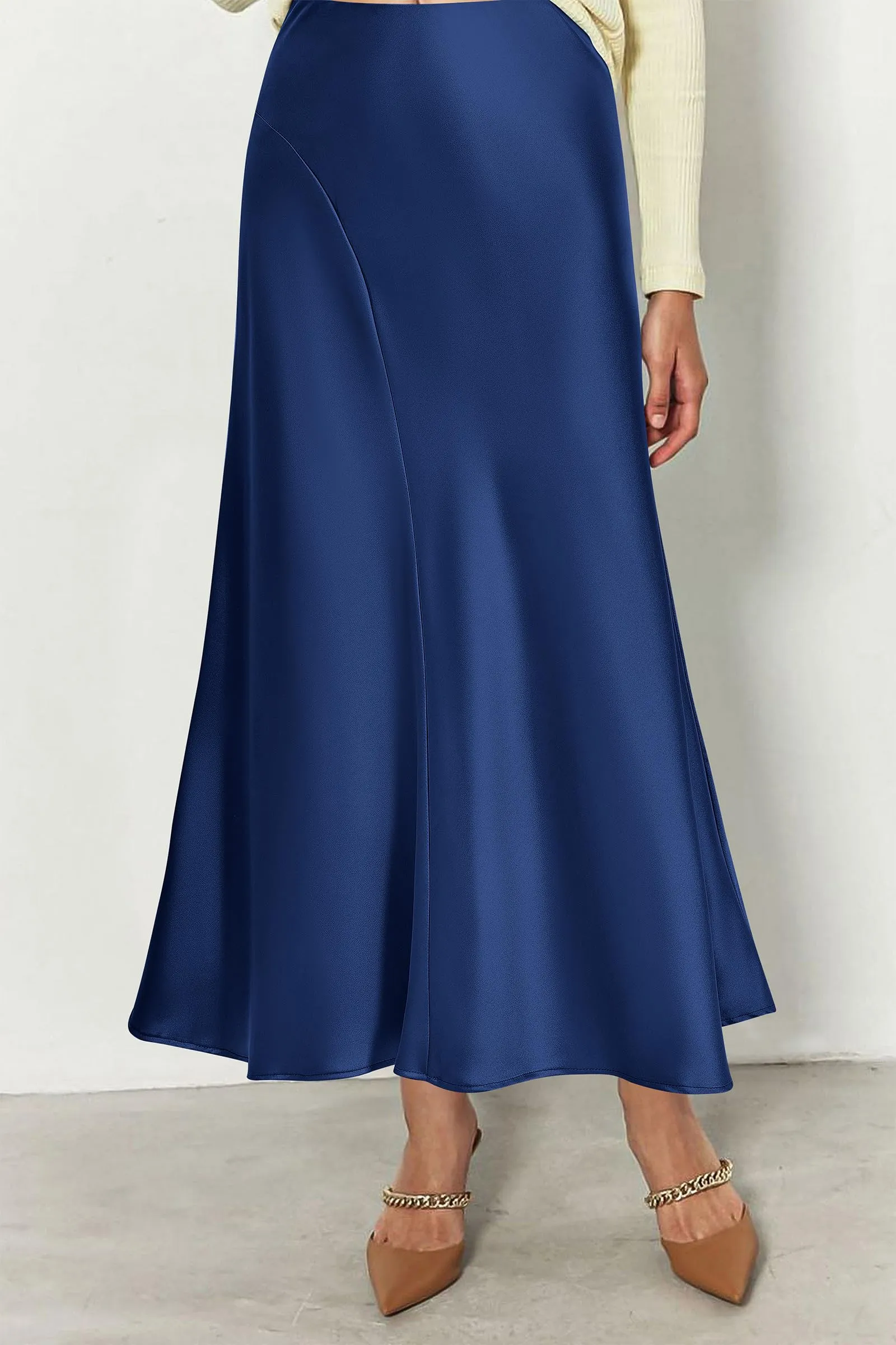 Midi Skirts Summer High Waisted Ruffle A Line Satin Mermaid Skirt