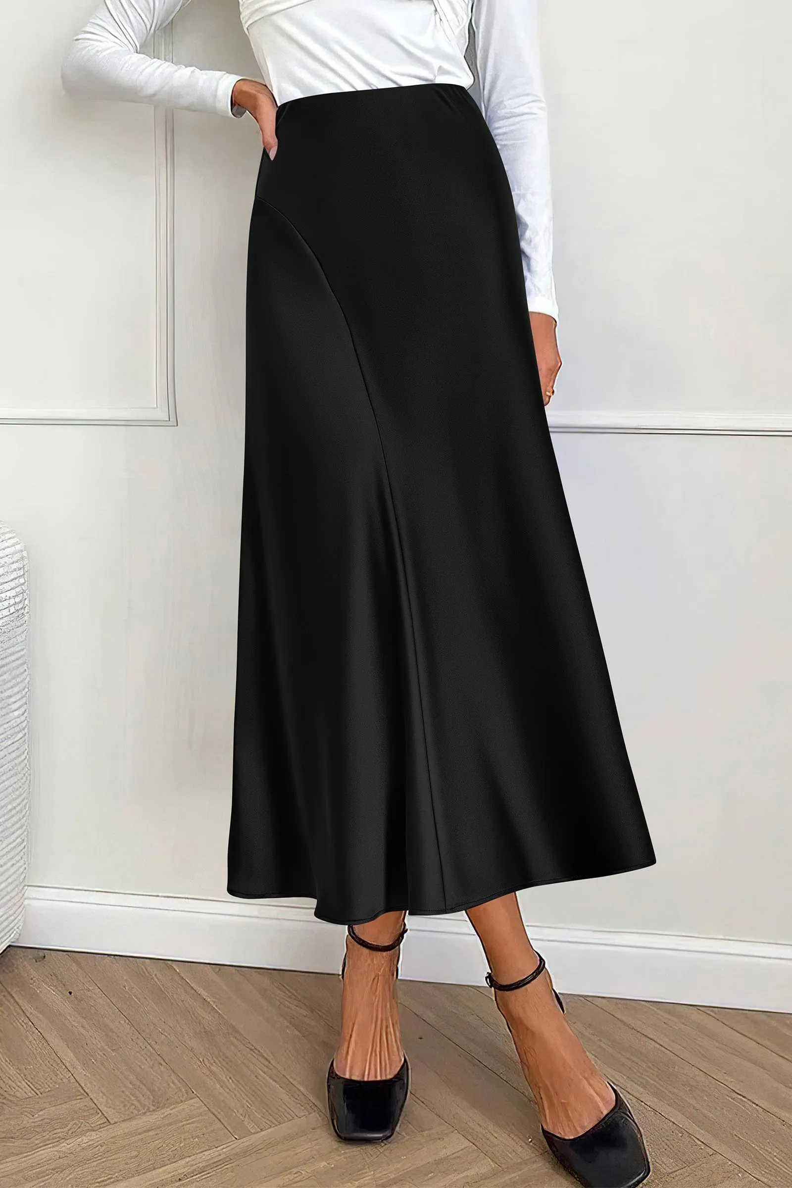 Midi Skirts Summer High Waisted Ruffle A Line Satin Mermaid Skirt