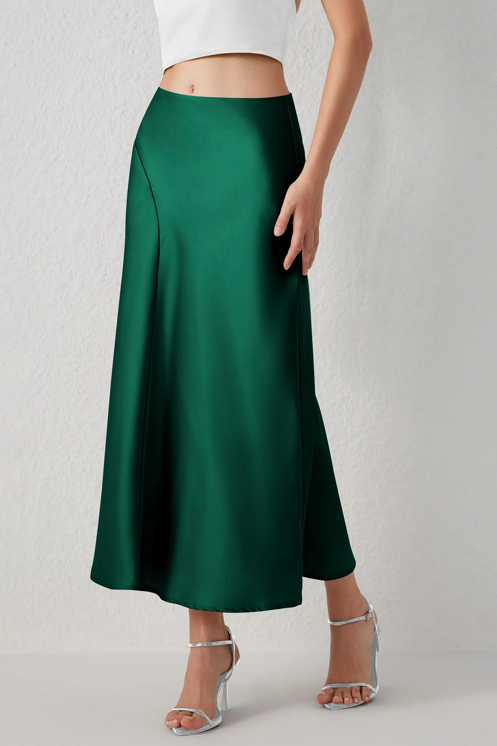 Midi Skirts Summer High Waisted Ruffle A Line Satin Mermaid Skirt