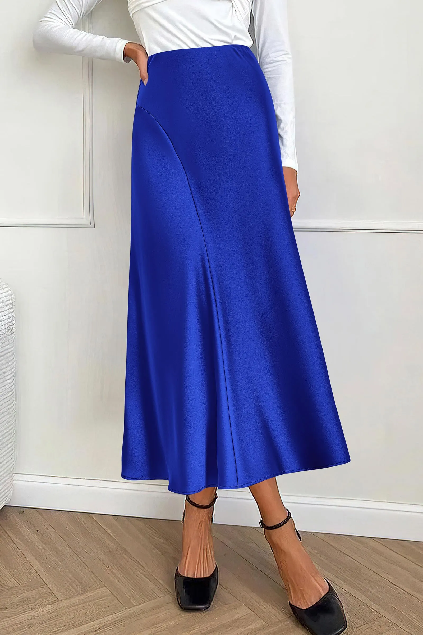Midi Skirts Summer High Waisted Ruffle A Line Satin Mermaid Skirt