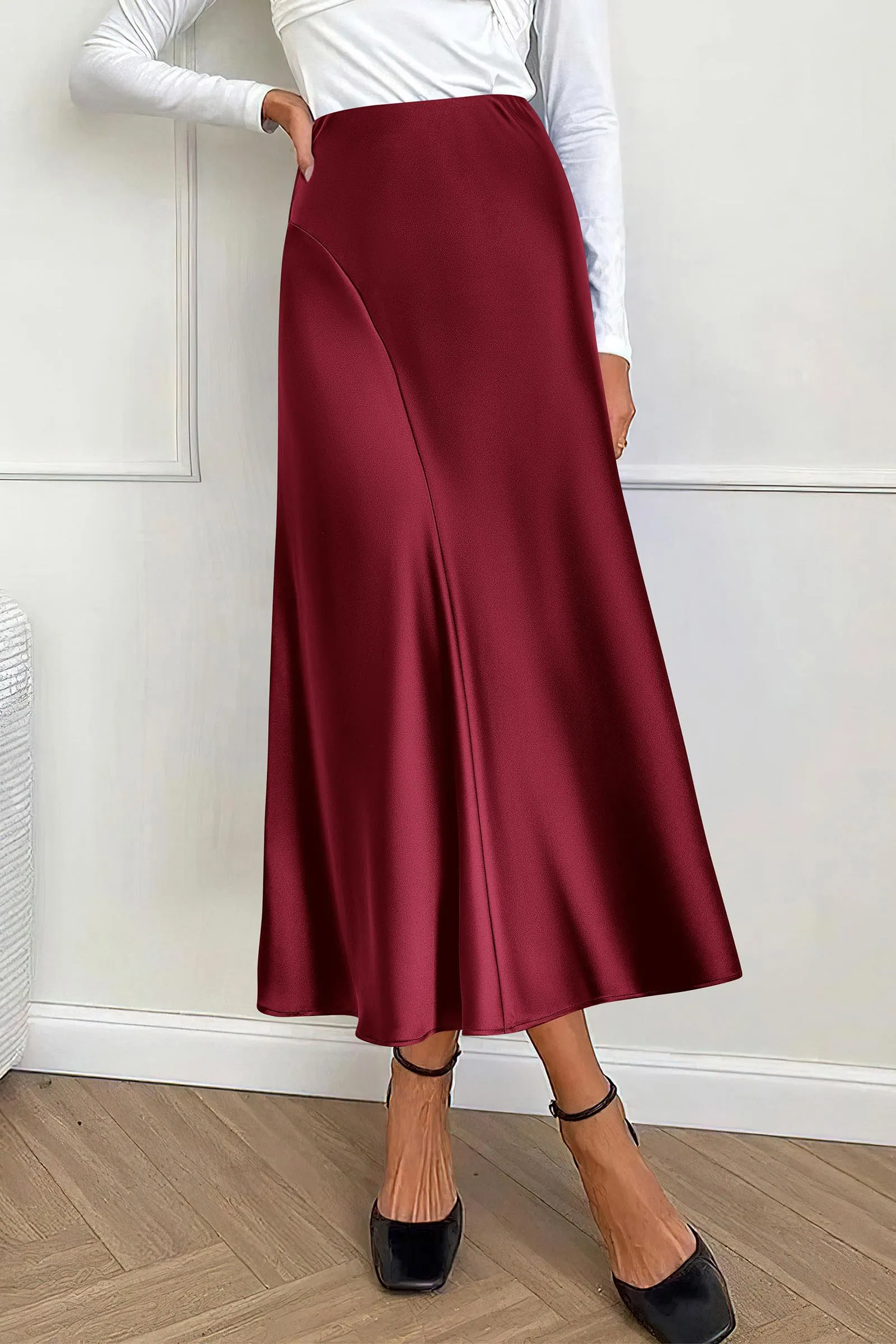 Midi Skirts Summer High Waisted Ruffle A Line Satin Mermaid Skirt