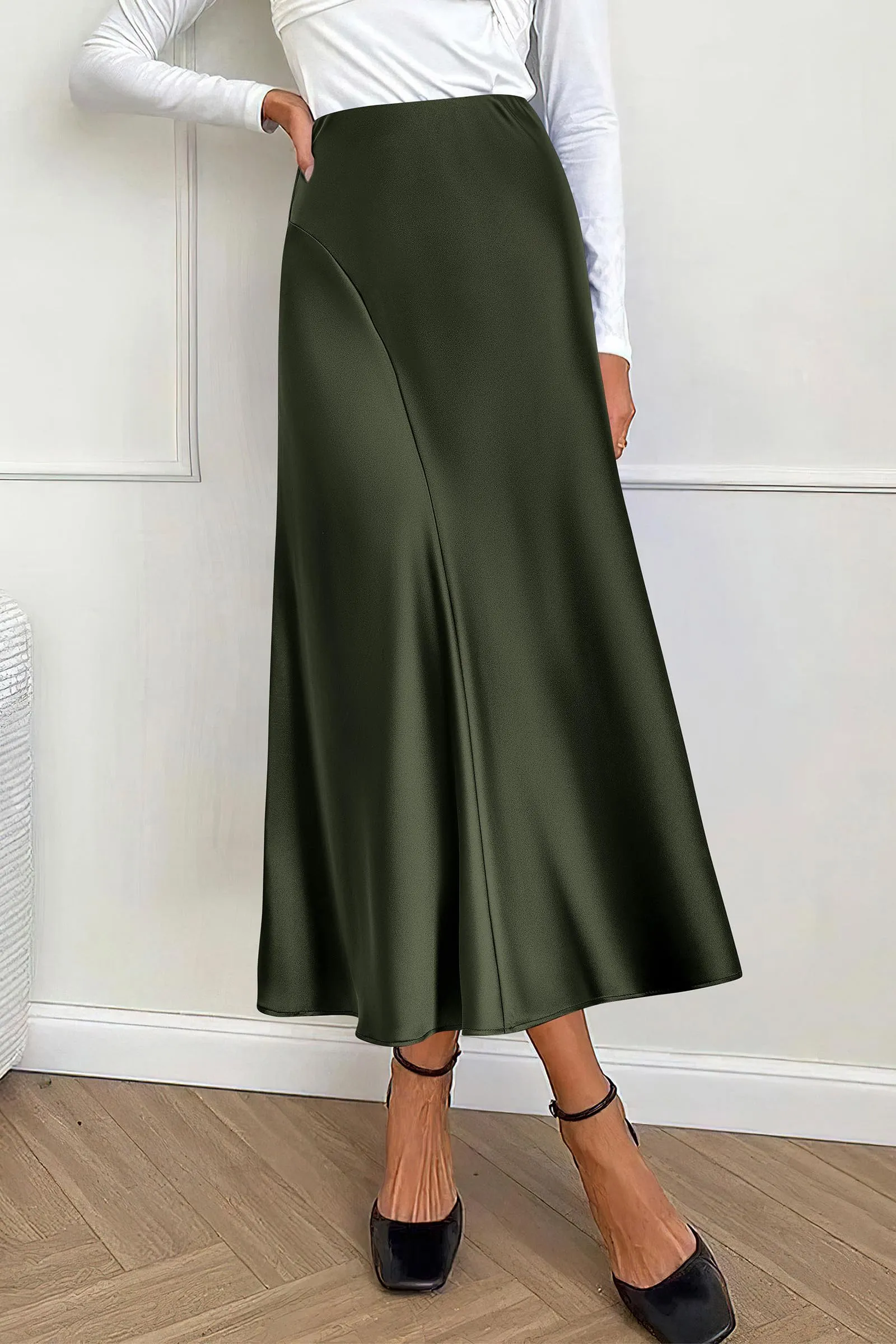 Midi Skirts Summer High Waisted Ruffle A Line Satin Mermaid Skirt