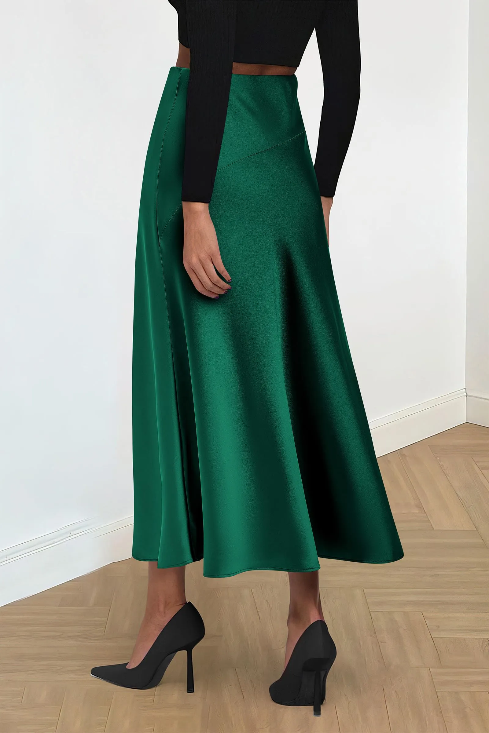 Midi Skirts Summer High Waisted Ruffle A Line Satin Mermaid Skirt