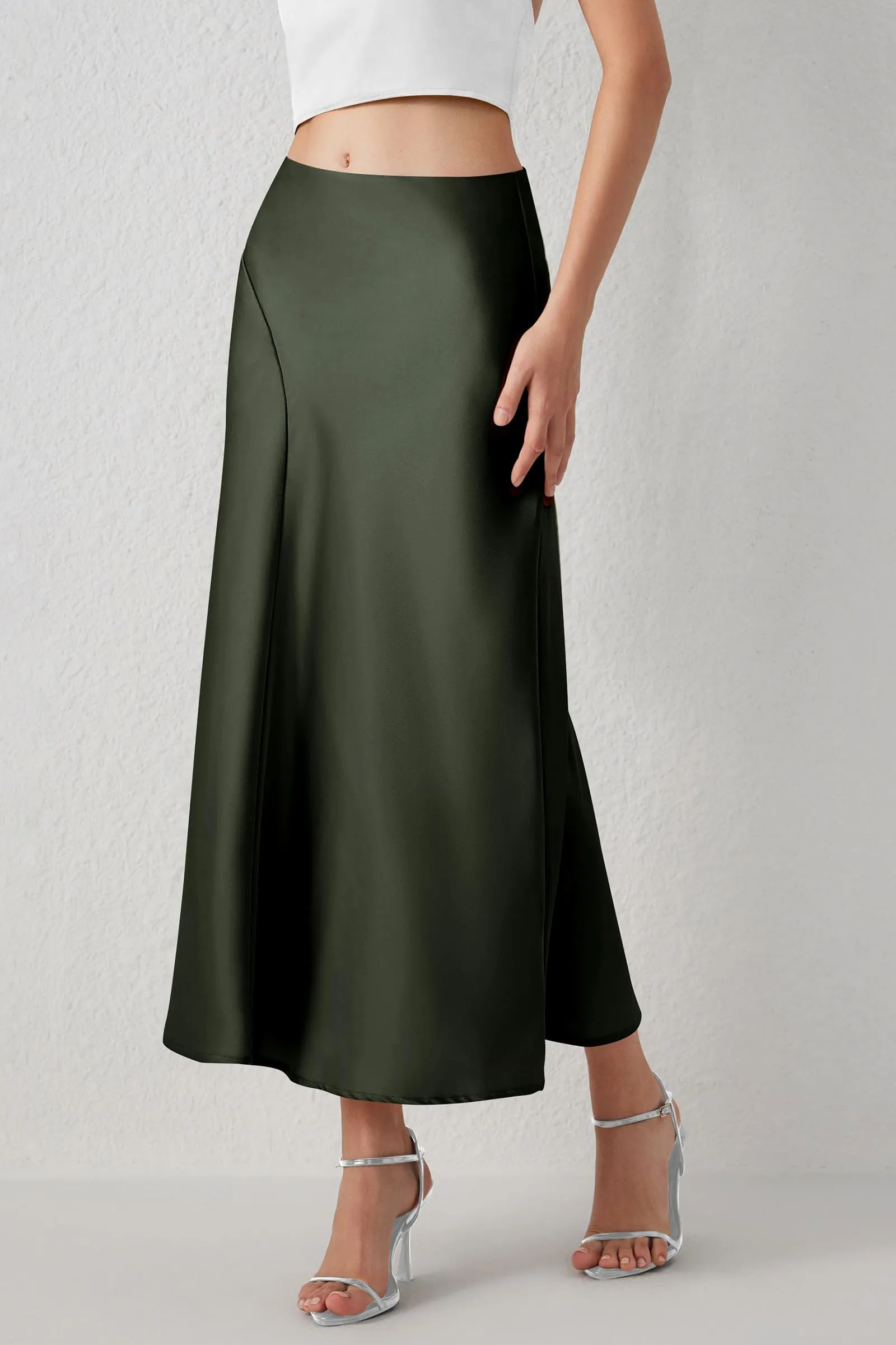 Midi Skirts Summer High Waisted Ruffle A Line Satin Mermaid Skirt