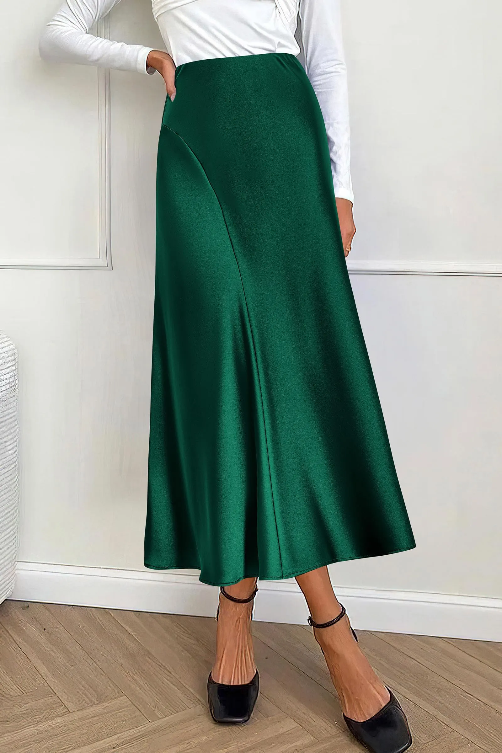 Midi Skirts Summer High Waisted Ruffle A Line Satin Mermaid Skirt