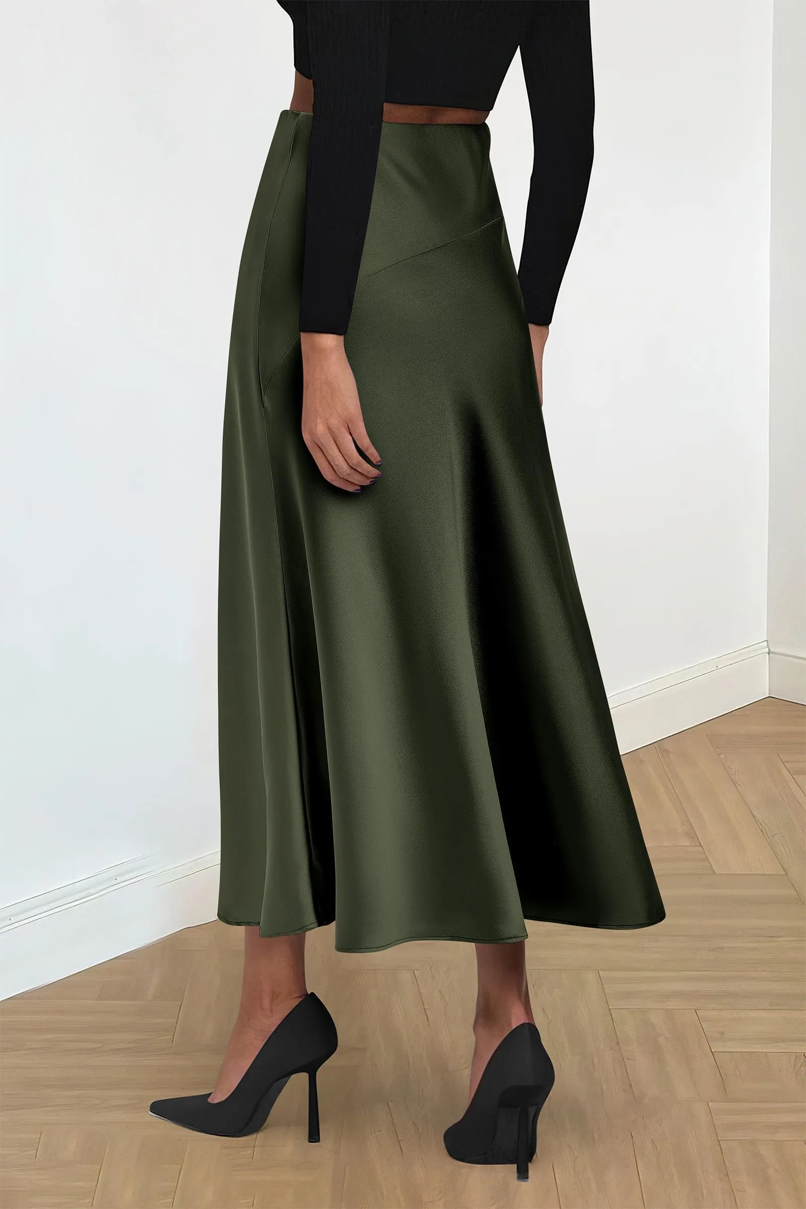 Midi Skirts Summer High Waisted Ruffle A Line Satin Mermaid Skirt