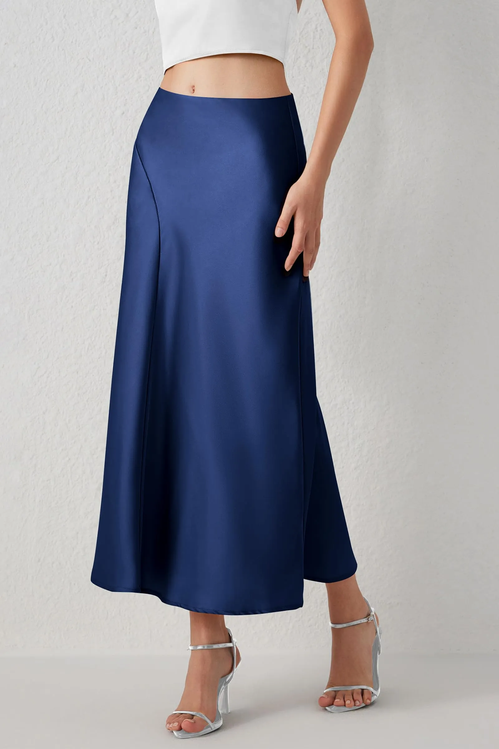 Midi Skirts Summer High Waisted Ruffle A Line Satin Mermaid Skirt