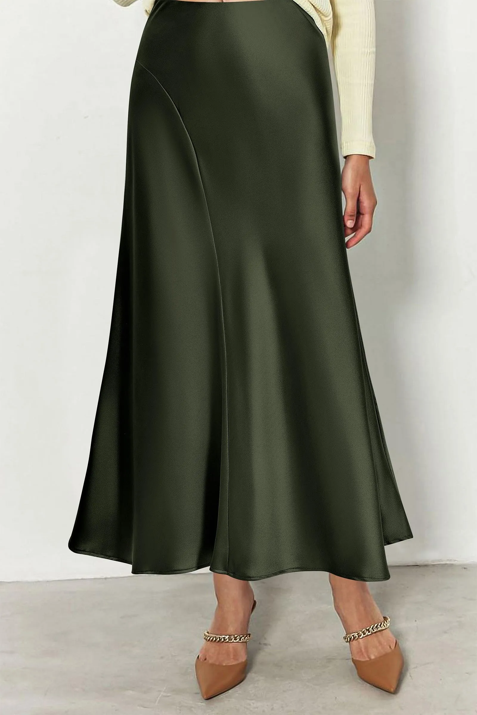 Midi Skirts Summer High Waisted Ruffle A Line Satin Mermaid Skirt