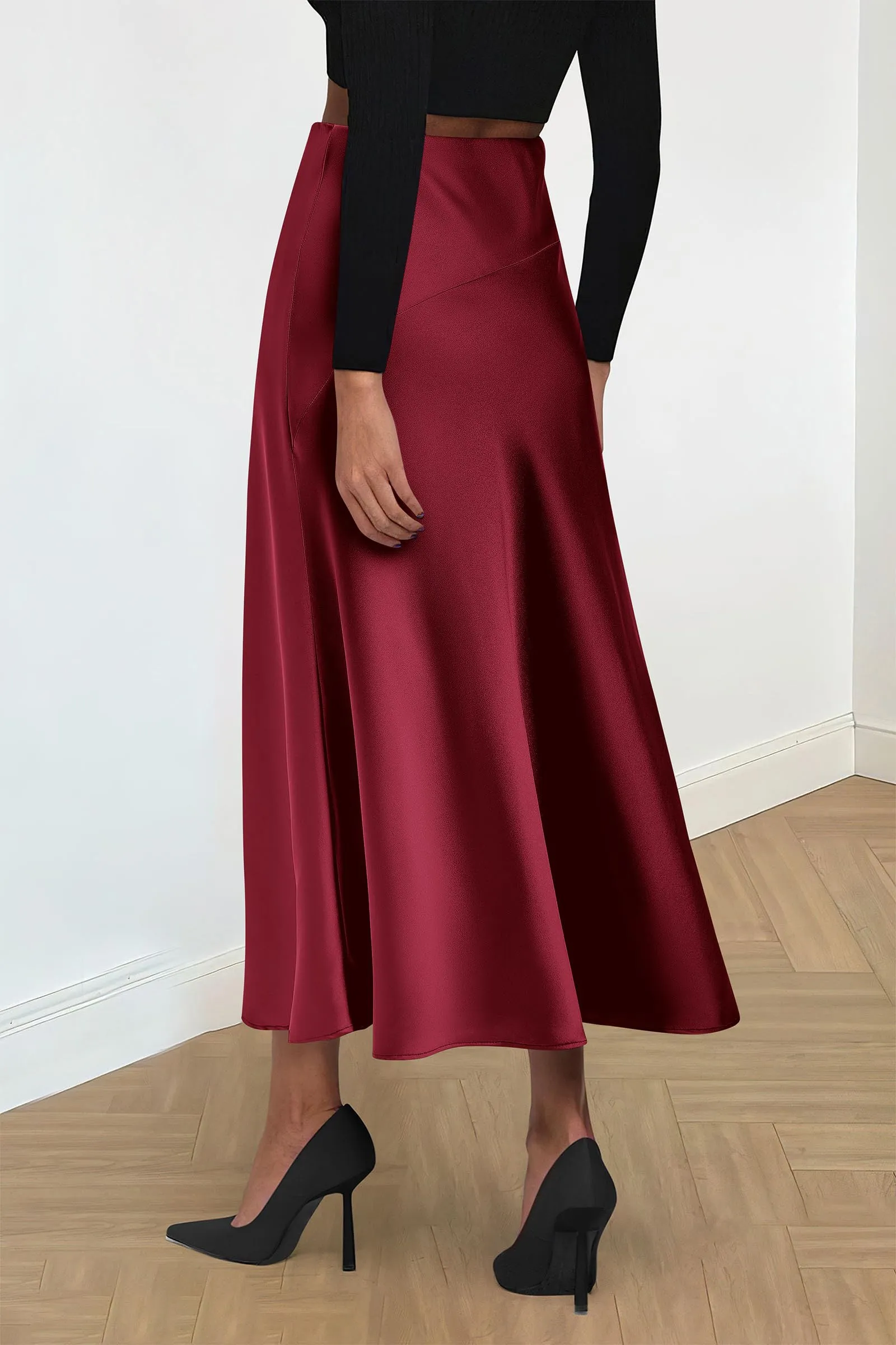 Midi Skirts Summer High Waisted Ruffle A Line Satin Mermaid Skirt