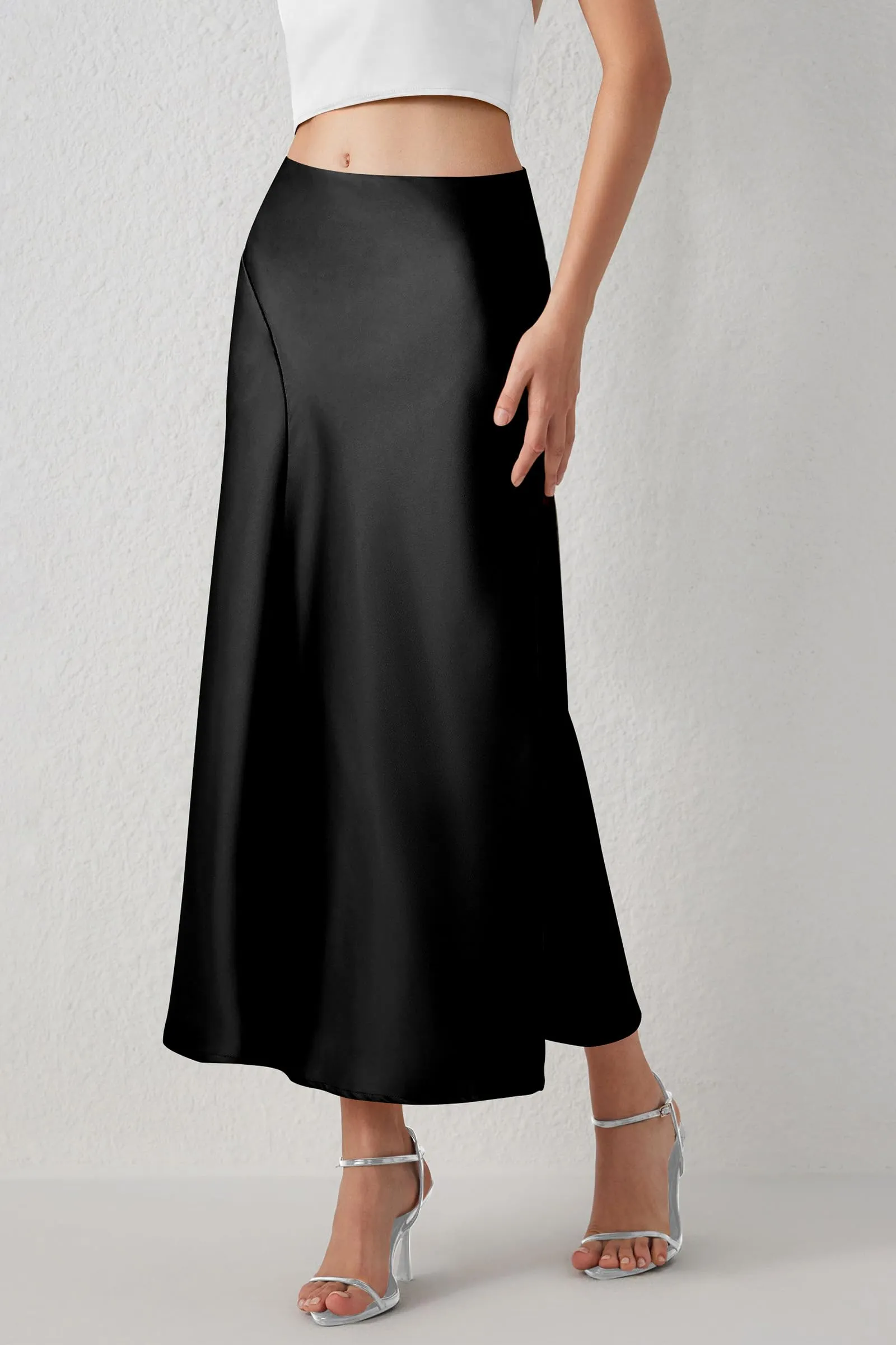 Midi Skirts Summer High Waisted Ruffle A Line Satin Mermaid Skirt