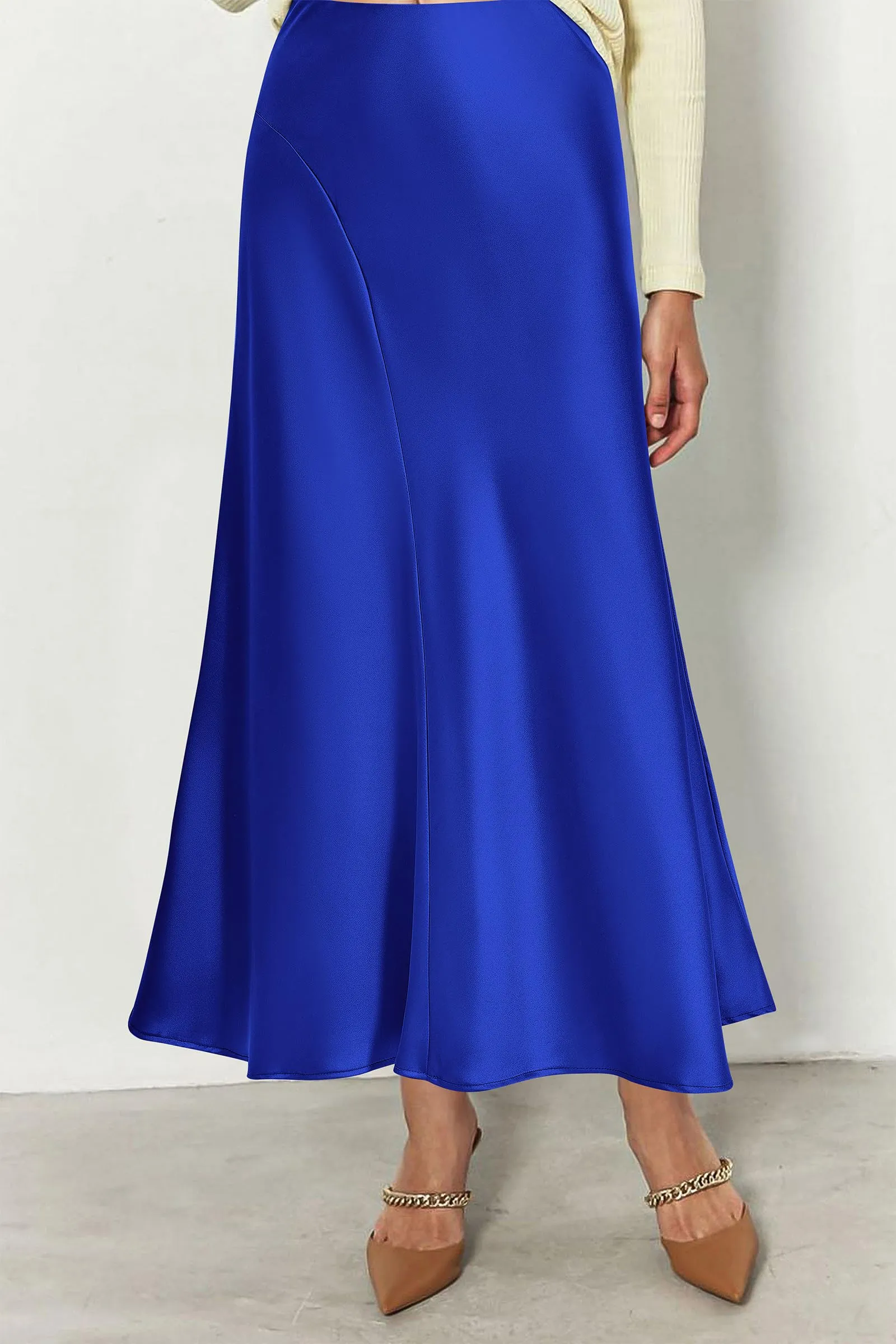 Midi Skirts Summer High Waisted Ruffle A Line Satin Mermaid Skirt