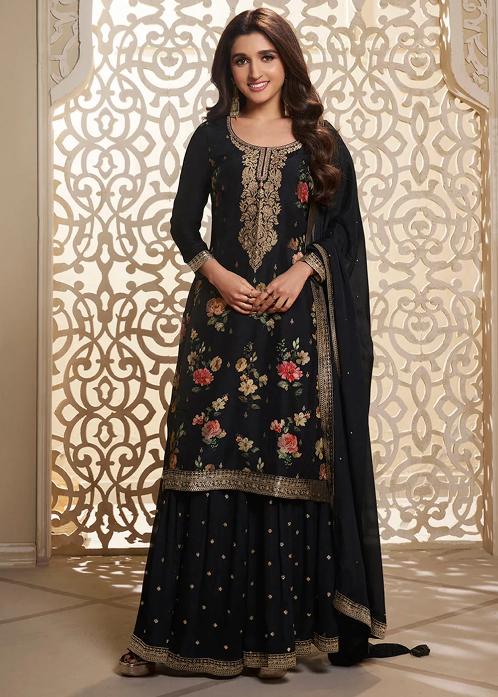 Midnight Black Jacquard Dola Silk Suit with Digital Floral Printed