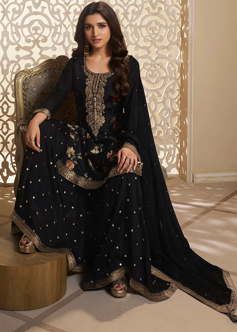 Midnight Black Jacquard Dola Silk Suit with Digital Floral Printed