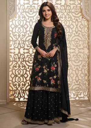 Midnight Black Jacquard Dola Silk Suit with Digital Floral Printed