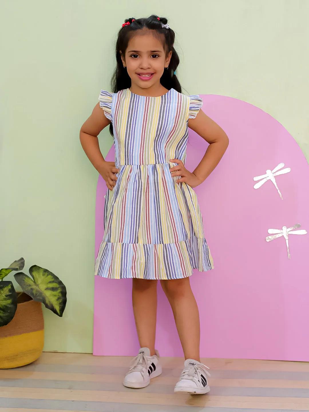 Multi Color Striped Girls Dress with Bow