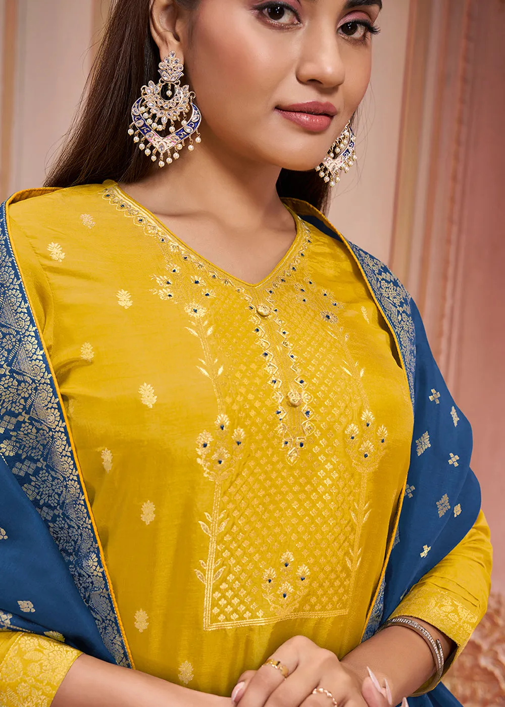 Munsell Yellow & Blue Dola Silk Suit Featuring Jacquard Pattern Weaving
