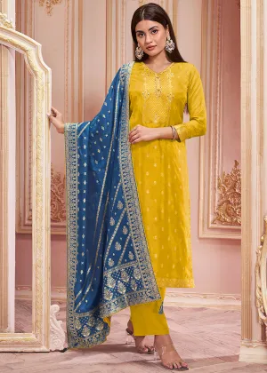 Munsell Yellow & Blue Dola Silk Suit Featuring Jacquard Pattern Weaving