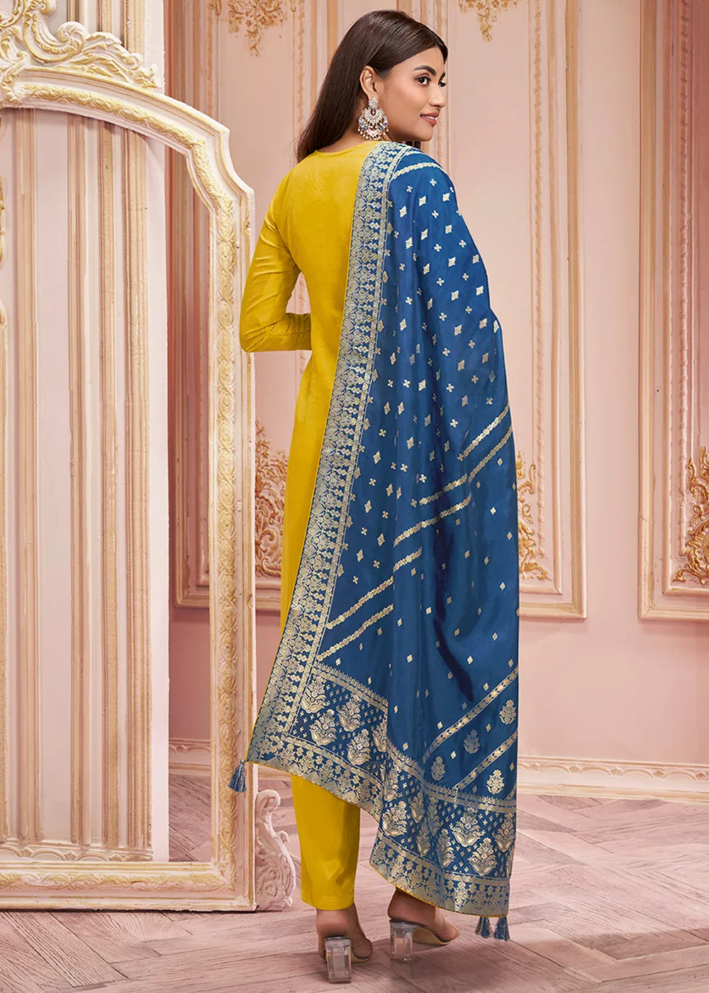 Munsell Yellow & Blue Dola Silk Suit Featuring Jacquard Pattern Weaving