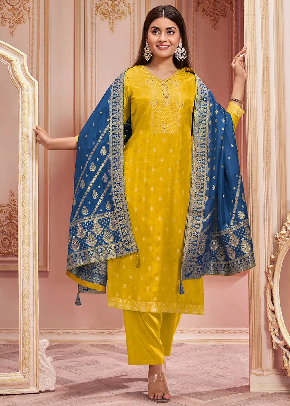 Munsell Yellow & Blue Dola Silk Suit Featuring Jacquard Pattern Weaving