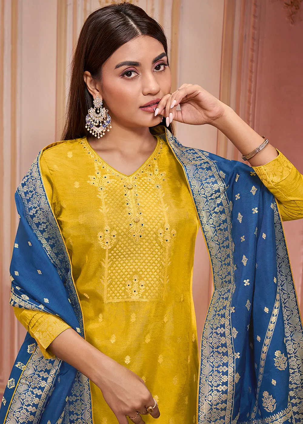 Munsell Yellow & Blue Dola Silk Suit Featuring Jacquard Pattern Weaving