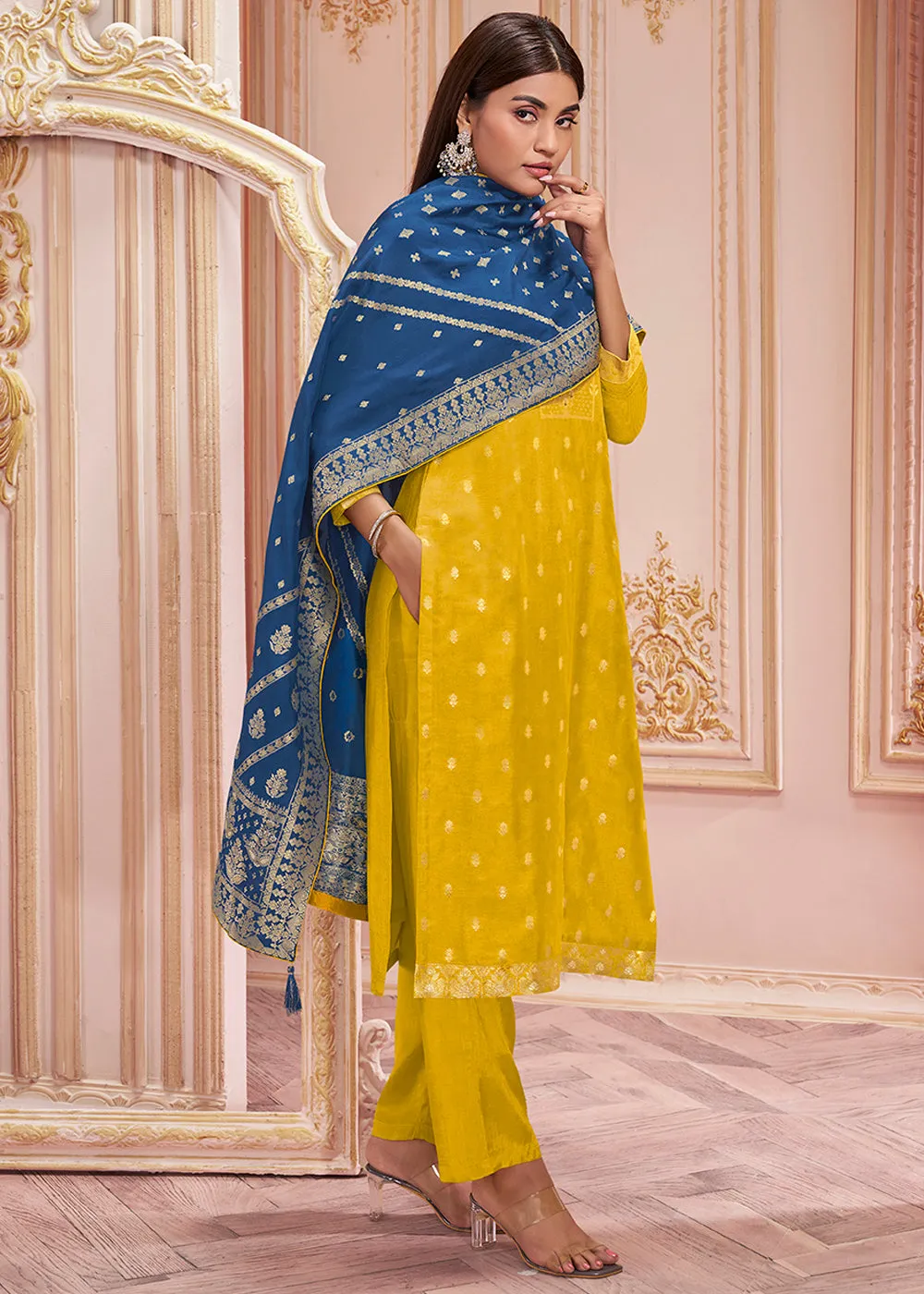 Munsell Yellow & Blue Dola Silk Suit Featuring Jacquard Pattern Weaving