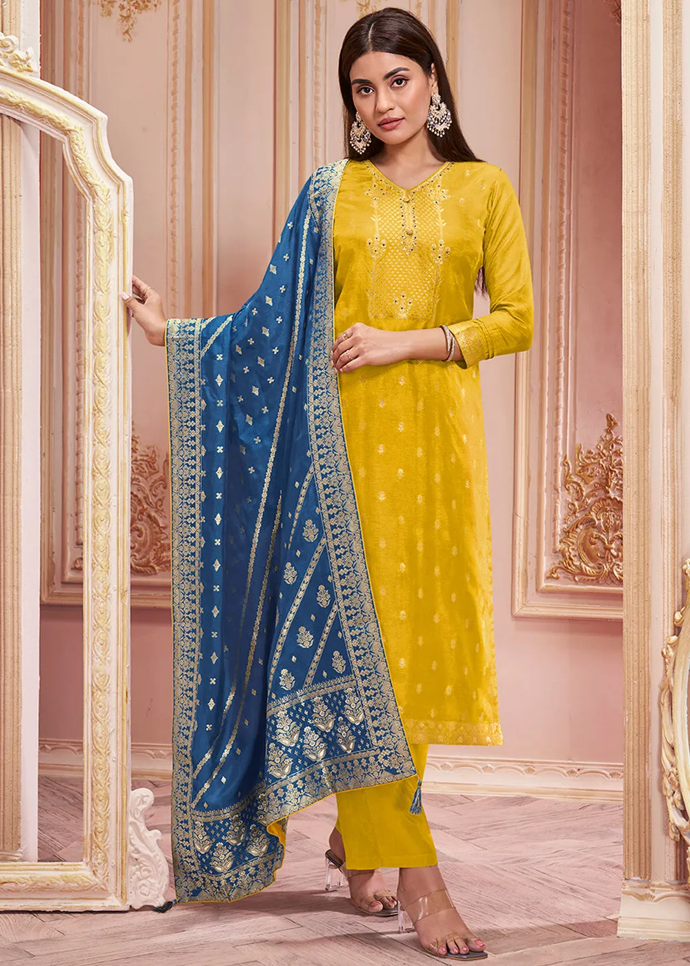 Munsell Yellow & Blue Dola Silk Suit Featuring Jacquard Pattern Weaving