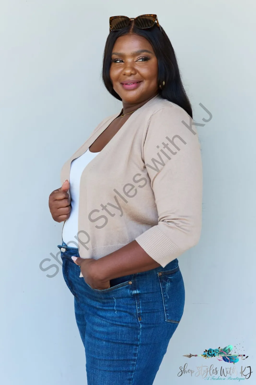 My Favorite 3/4 Sleeve Cropped Cardigan in Khaki