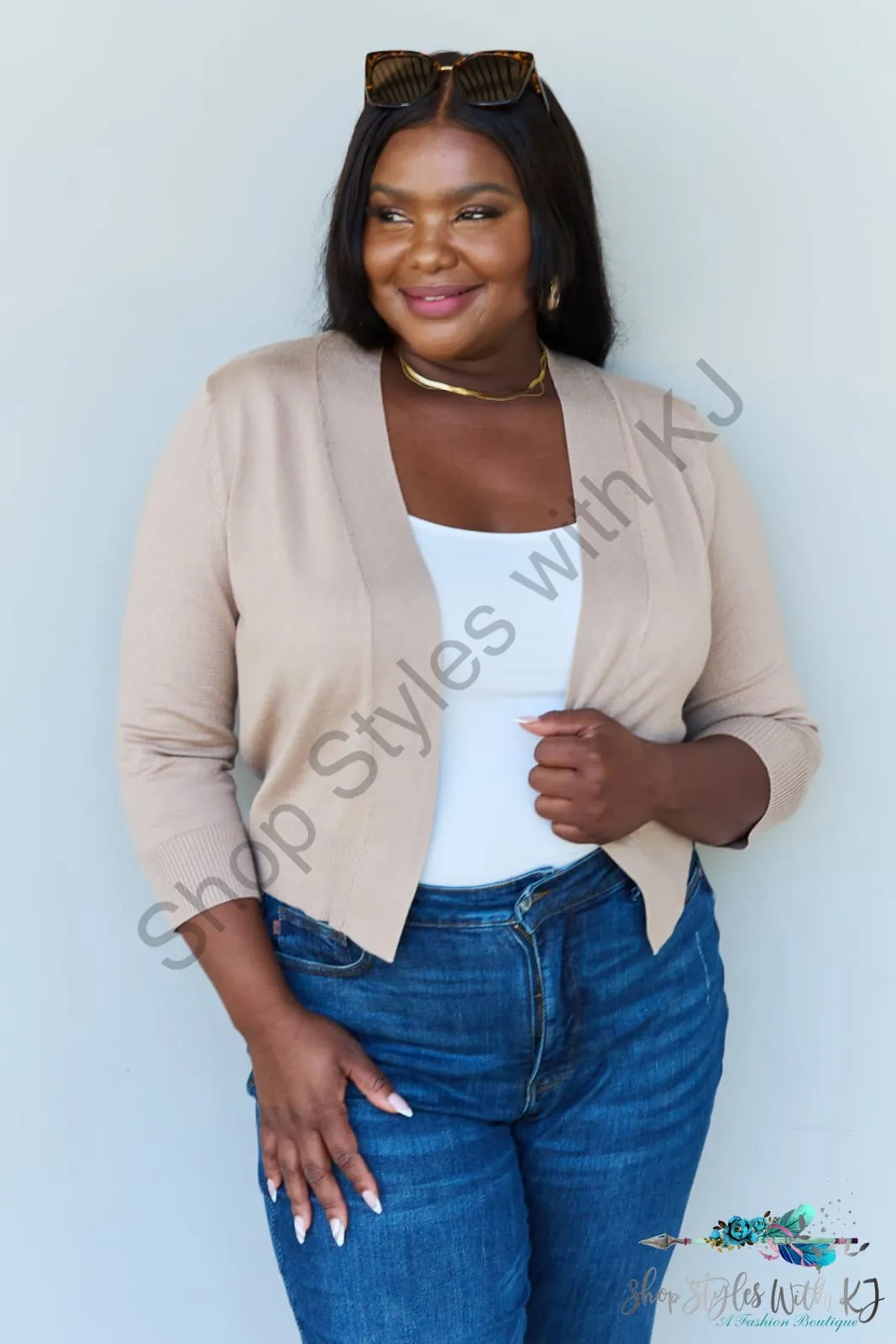 My Favorite 3/4 Sleeve Cropped Cardigan in Khaki