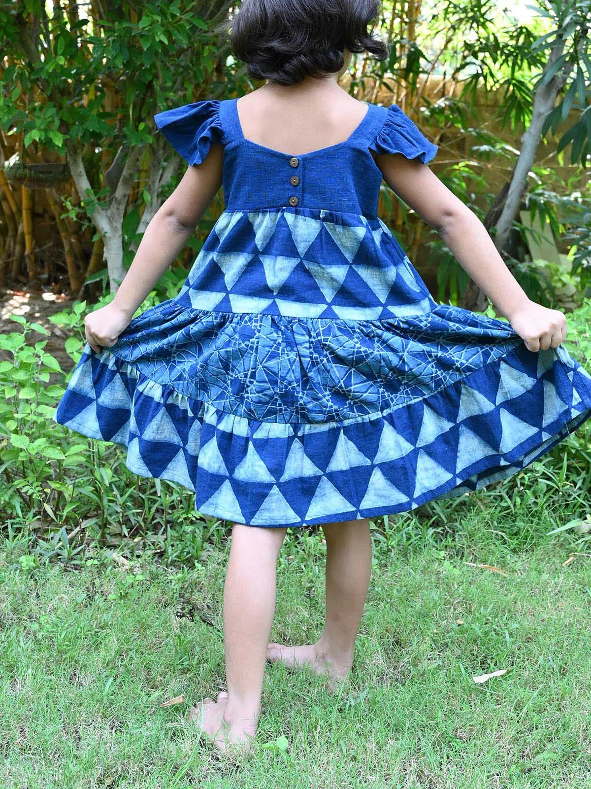 Natural Indigo Printed Girls Butterfly Frock