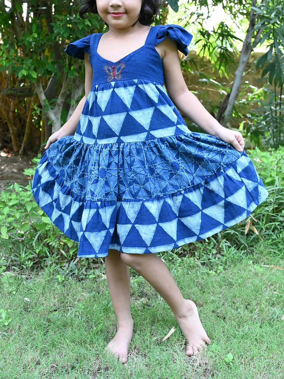 Natural Indigo Printed Girls Butterfly Frock
