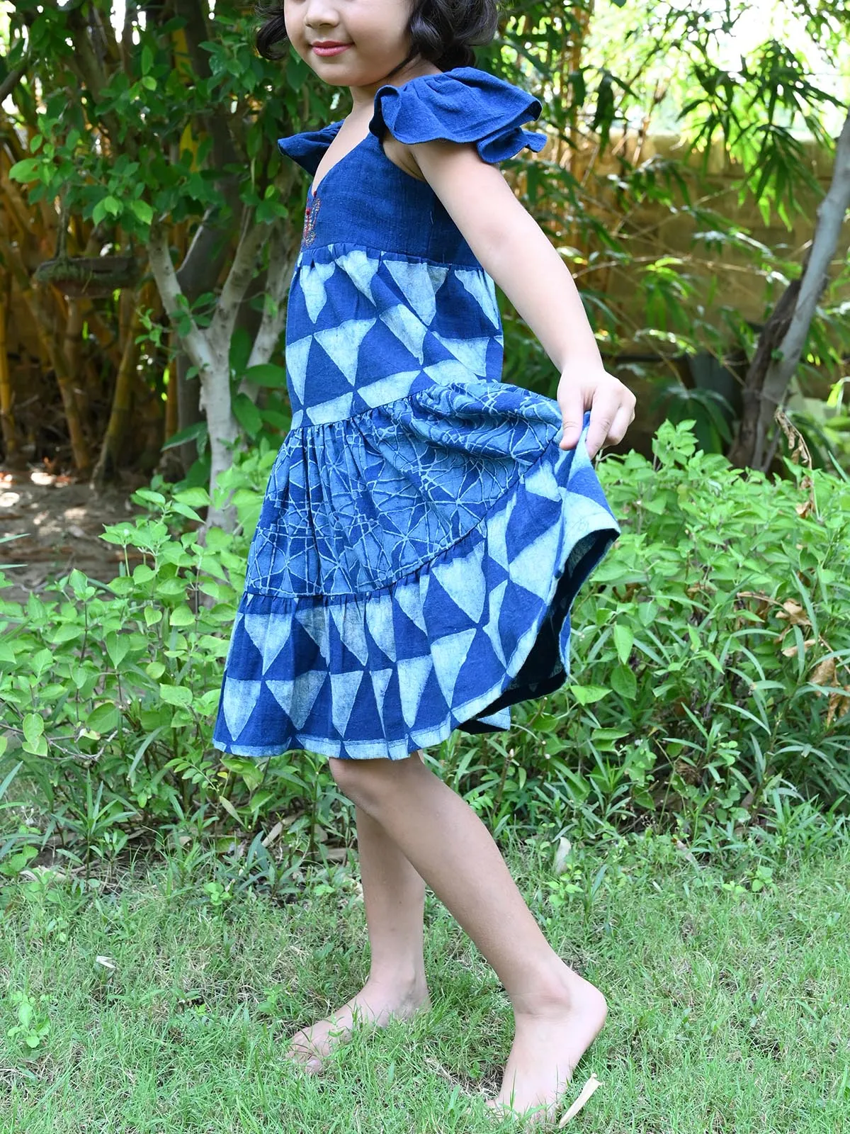 Natural Indigo Printed Girls Butterfly Frock
