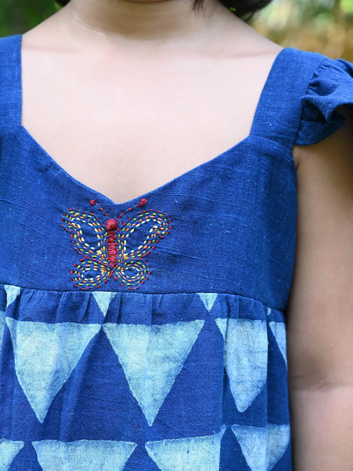 Natural Indigo Printed Girls Butterfly Frock