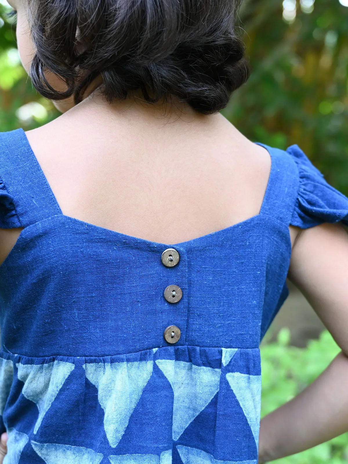 Natural Indigo Printed Girls Butterfly Frock