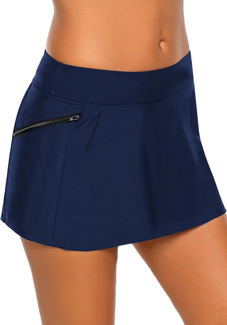 Navy Zipper-Pocket Waistband Skirted Bikini Bottom