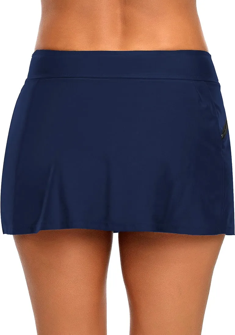 Navy Zipper-Pocket Waistband Skirted Bikini Bottom