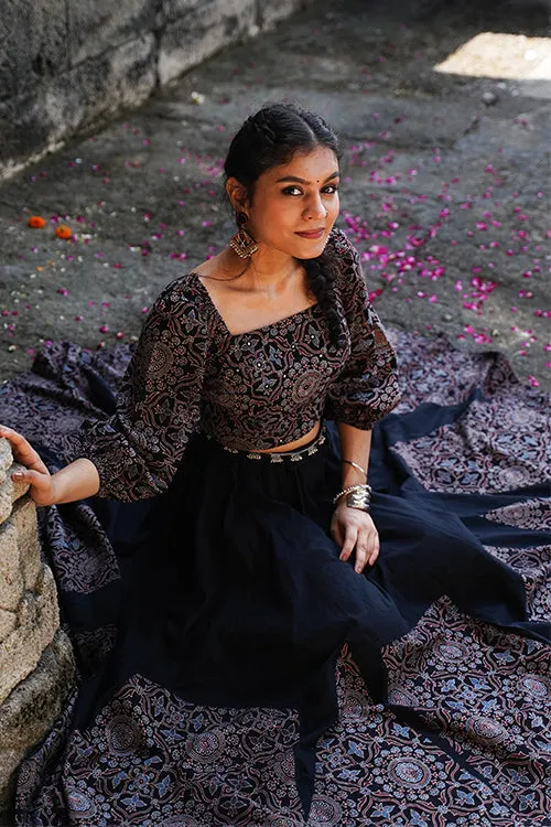 Okhai "Anjali" Black Ajrakh Pure Cotton Free Size Skirt
