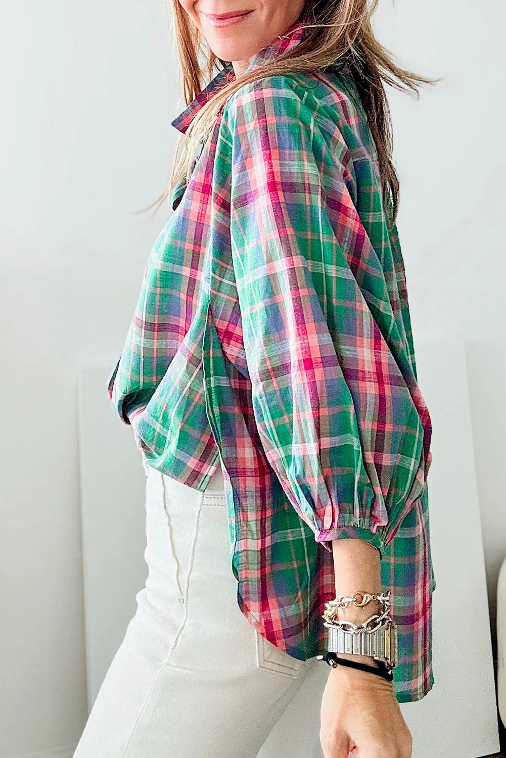 Plaid 3/4 Sleeve Collared Shirt