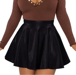 Pleated Leather Skirt for Womens Casual Pleated A-Line Wrap Elastic High Waist Short Mini Skirt for Night Club