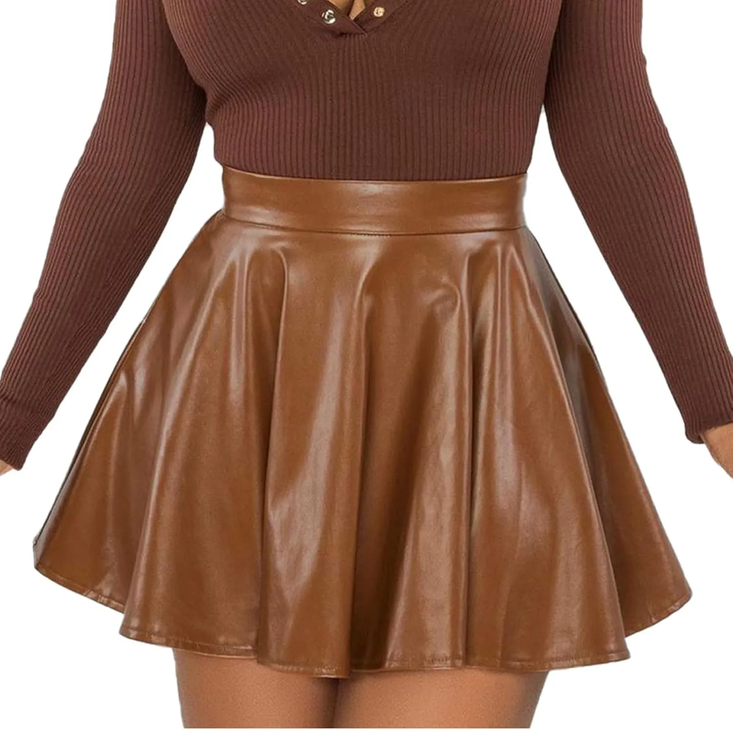 Pleated Leather Skirt for Womens Casual Pleated A-Line Wrap Elastic High Waist Short Mini Skirt for Night Club