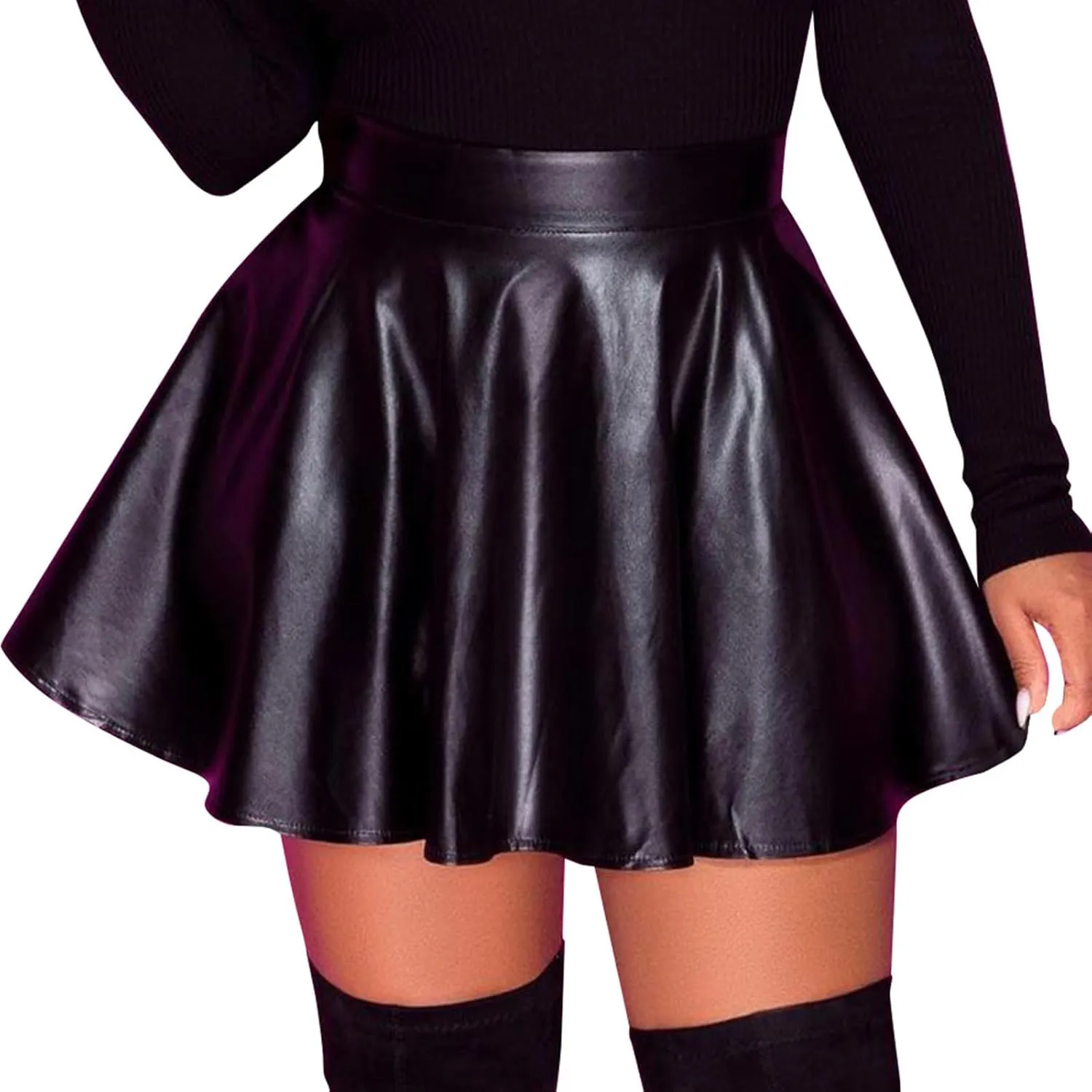 Pleated Leather Skirt for Womens Casual Pleated A-Line Wrap Elastic High Waist Short Mini Skirt for Night Club