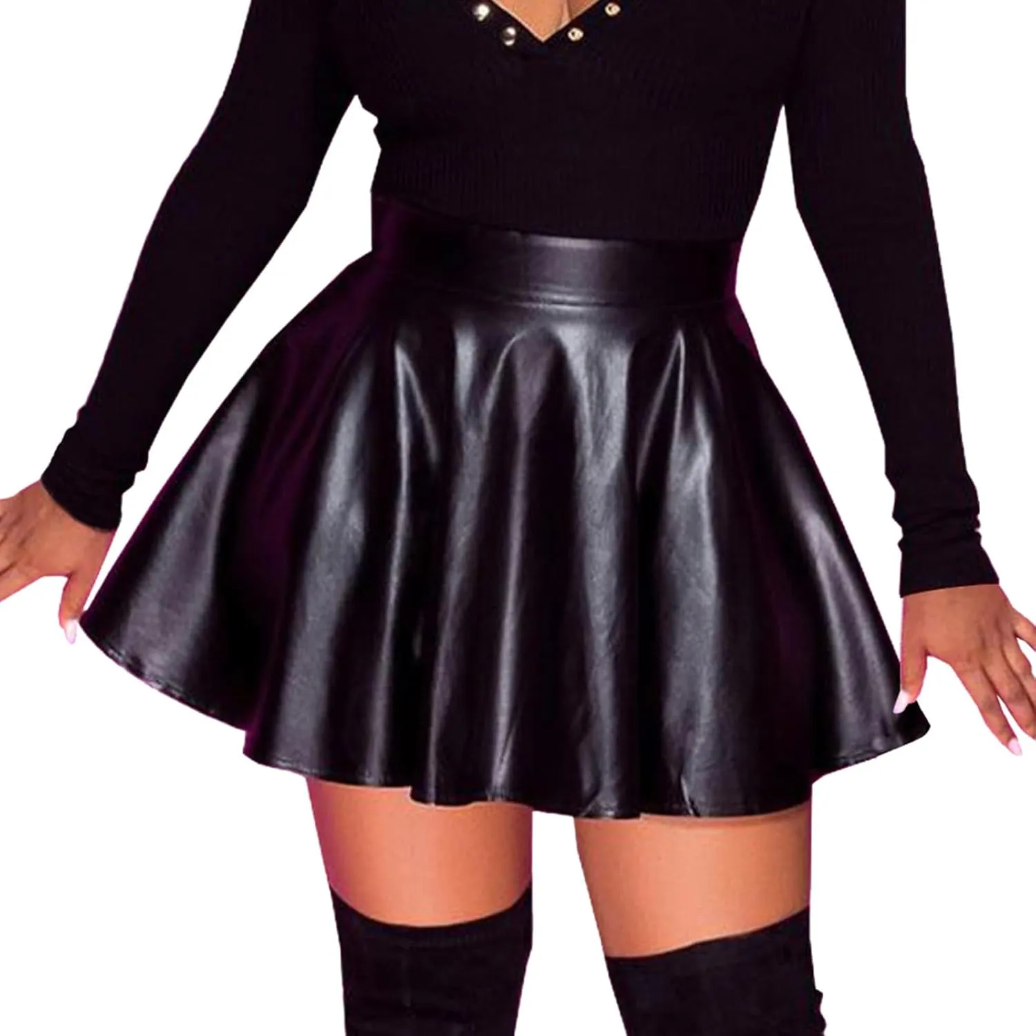 Pleated Leather Skirt for Womens Casual Pleated A-Line Wrap Elastic High Waist Short Mini Skirt for Night Club