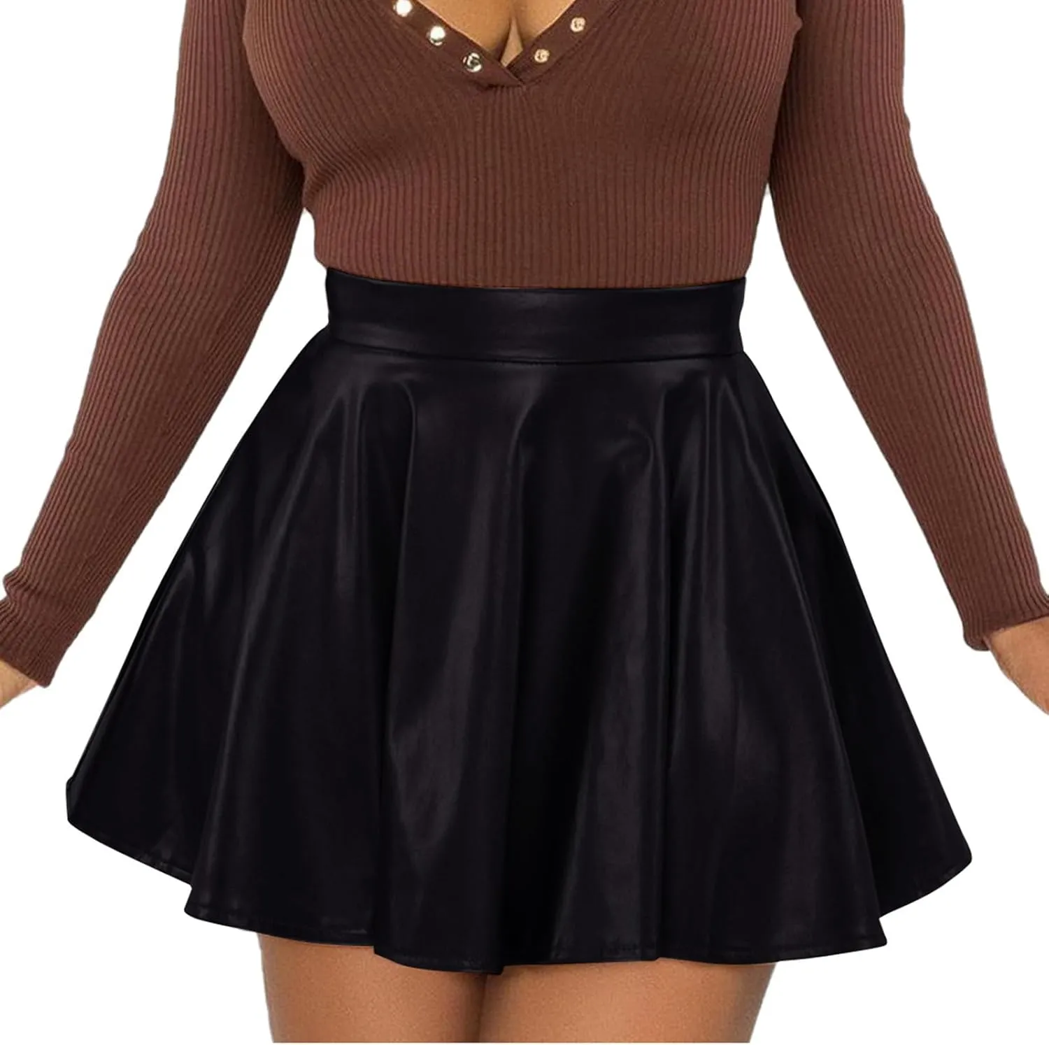 Pleated Leather Skirt for Womens Casual Pleated A-Line Wrap Elastic High Waist Short Mini Skirt for Night Club