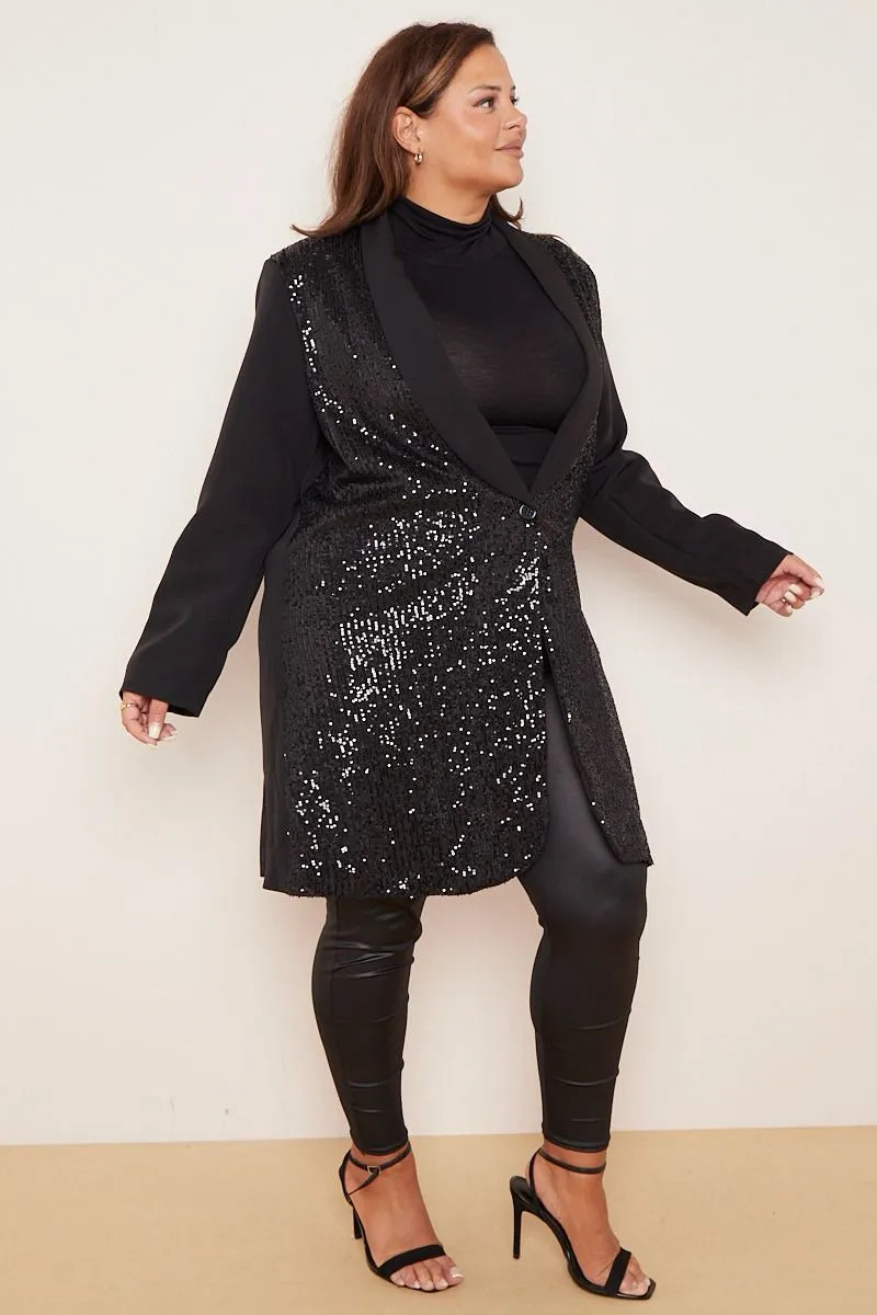 Plus Size Polly Sequin Front Long Smart Single Breast Blazer Jacket