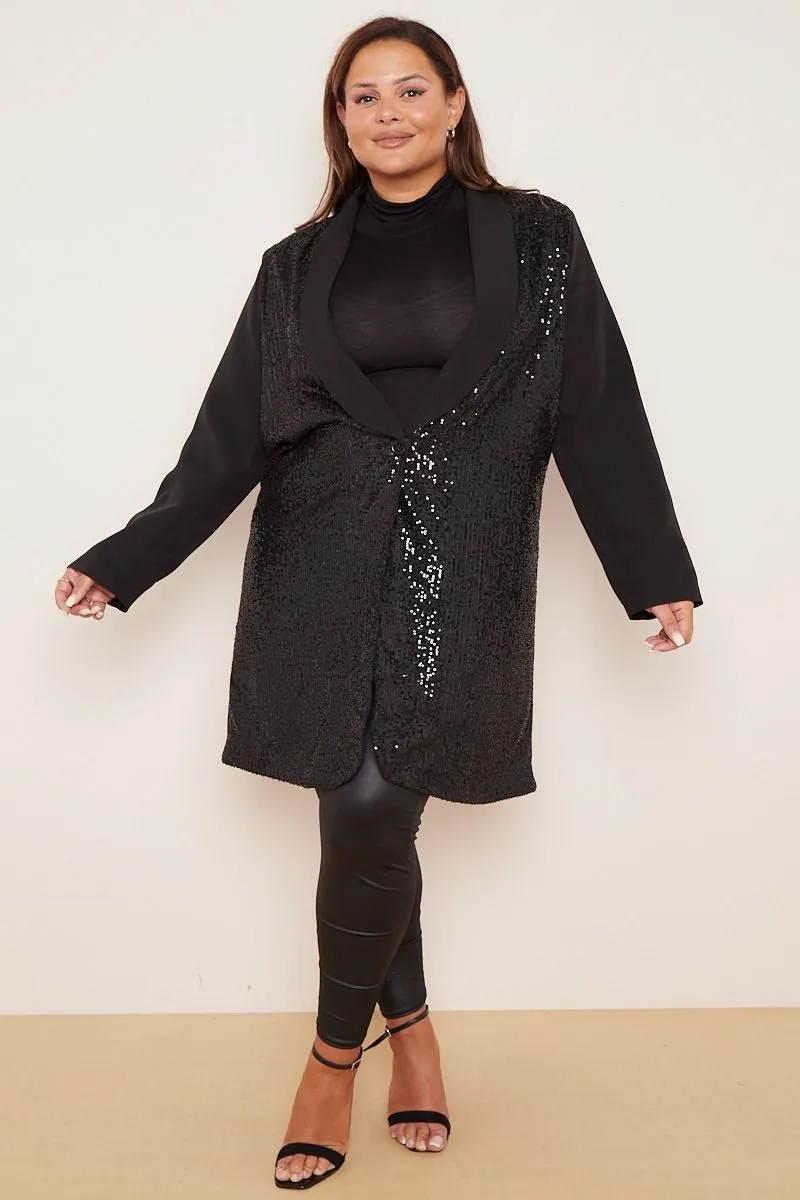 Plus Size Polly Sequin Front Long Smart Single Breast Blazer Jacket