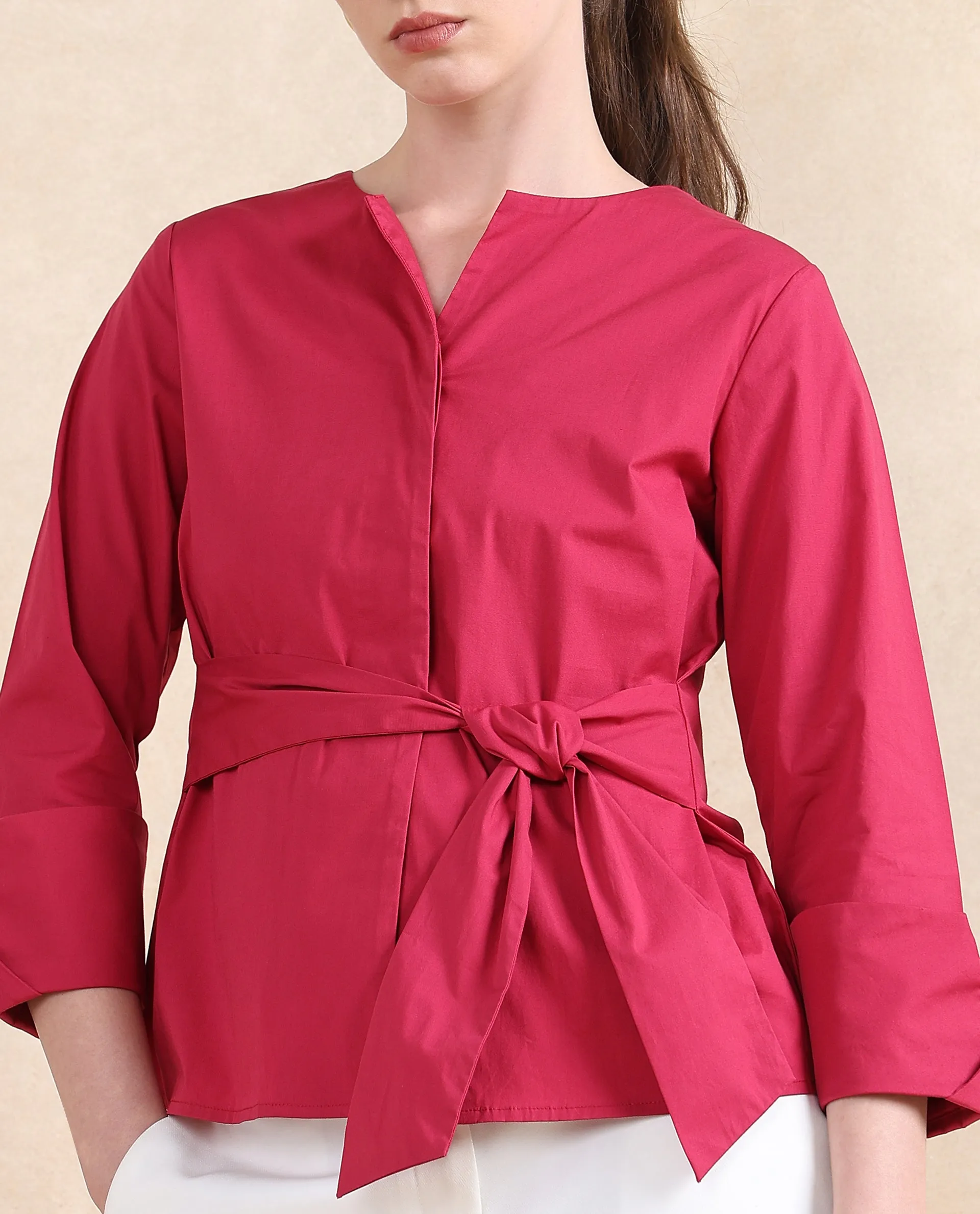 Rareism Women Medui Dark Pink Cotton Blend Fabric 3/4Th Sleeve Built Up Neck Button Closure Plain Top