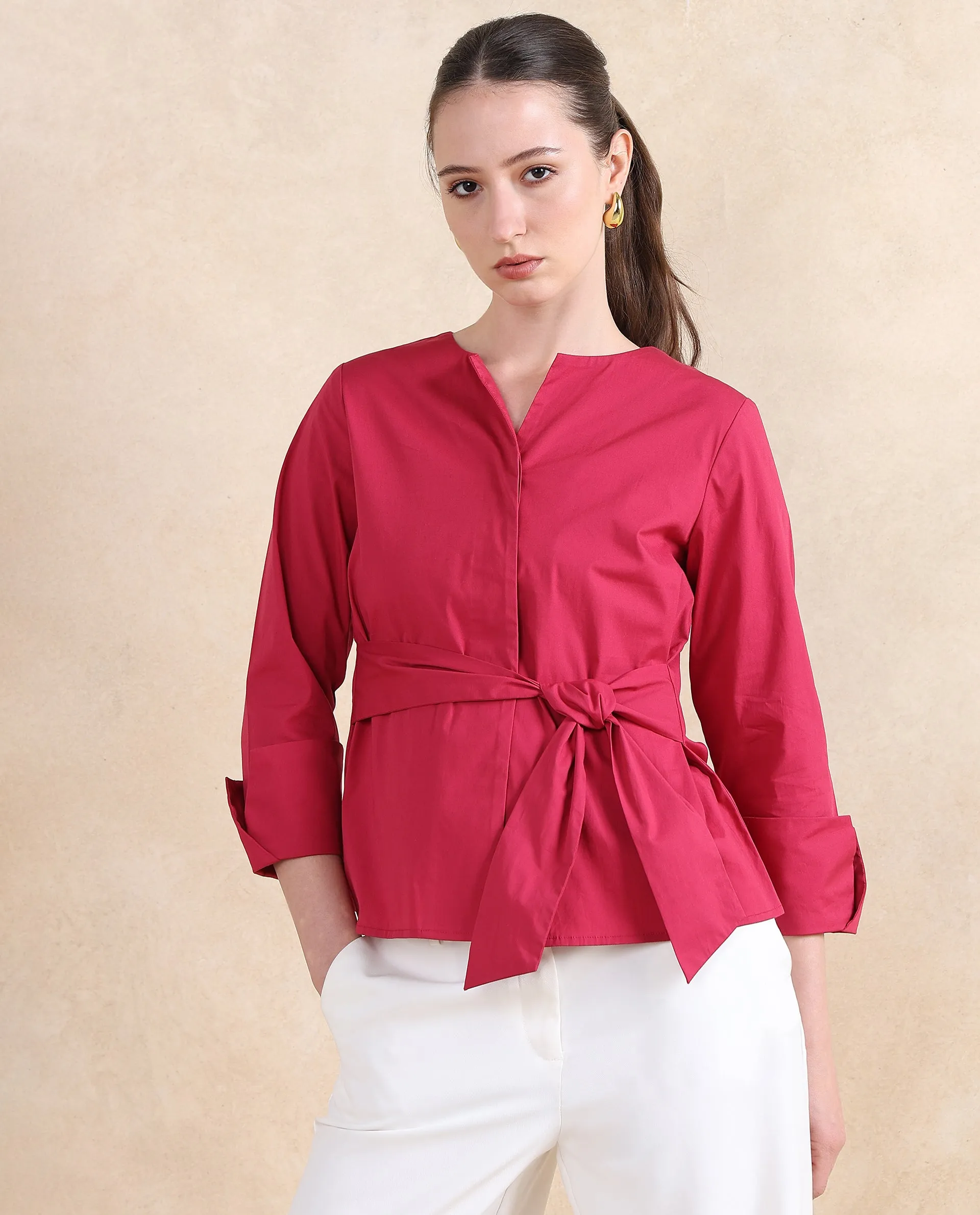 Rareism Women Medui Dark Pink Cotton Blend Fabric 3/4Th Sleeve Built Up Neck Button Closure Plain Top