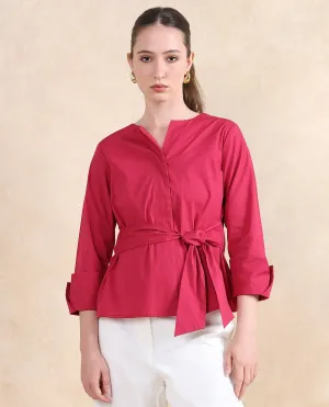 Rareism Women Medui Dark Pink Cotton Blend Fabric 3/4Th Sleeve Built Up Neck Button Closure Plain Top