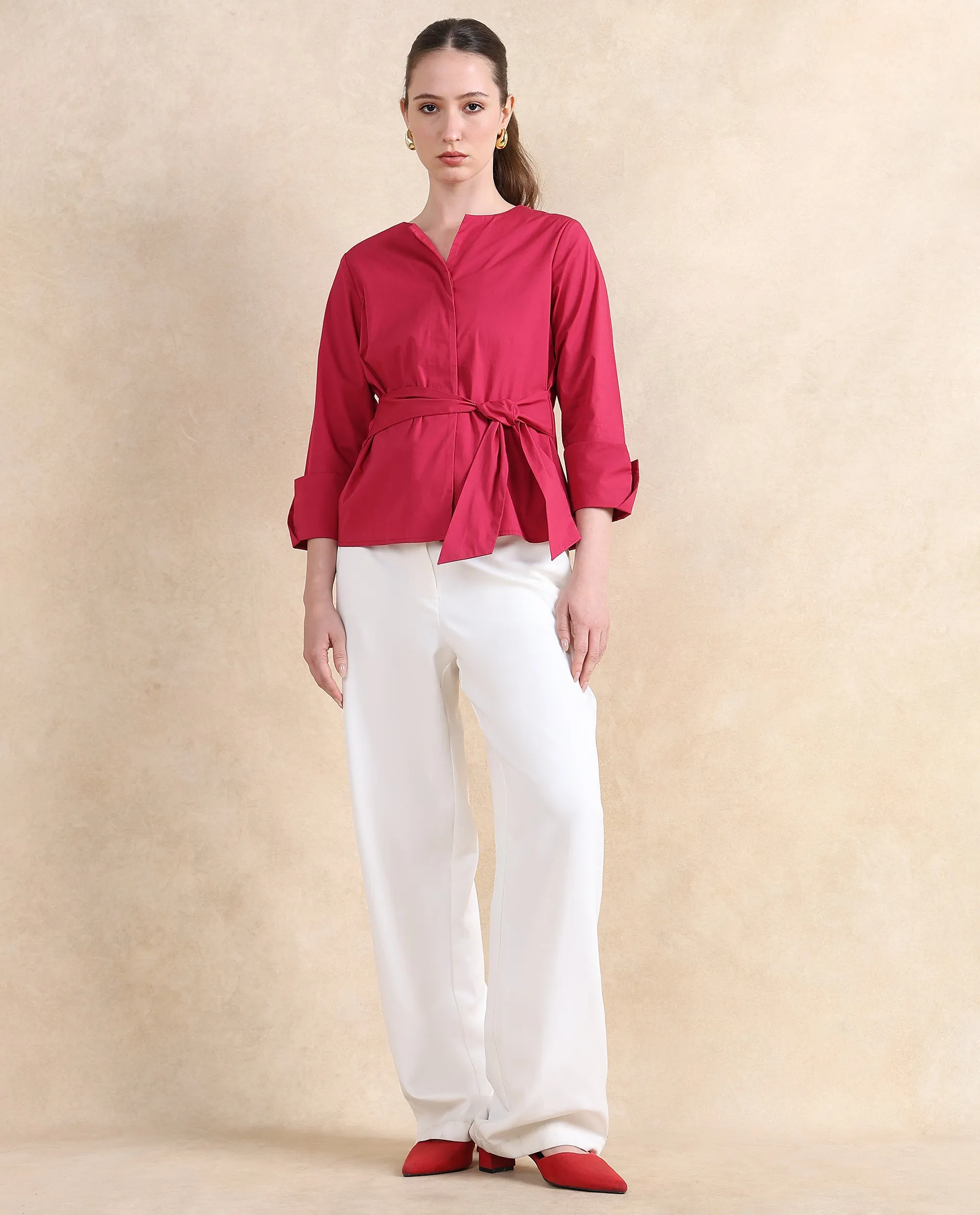 Rareism Women Medui Dark Pink Cotton Blend Fabric 3/4Th Sleeve Built Up Neck Button Closure Plain Top