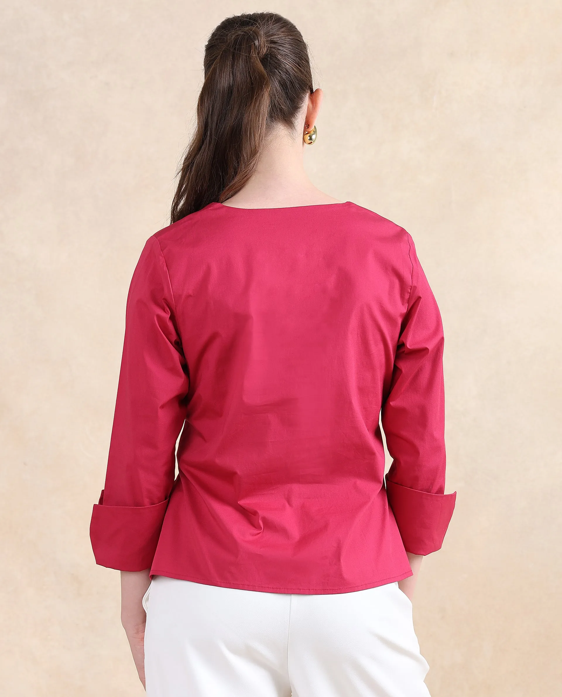 Rareism Women Medui Dark Pink Cotton Blend Fabric 3/4Th Sleeve Built Up Neck Button Closure Plain Top