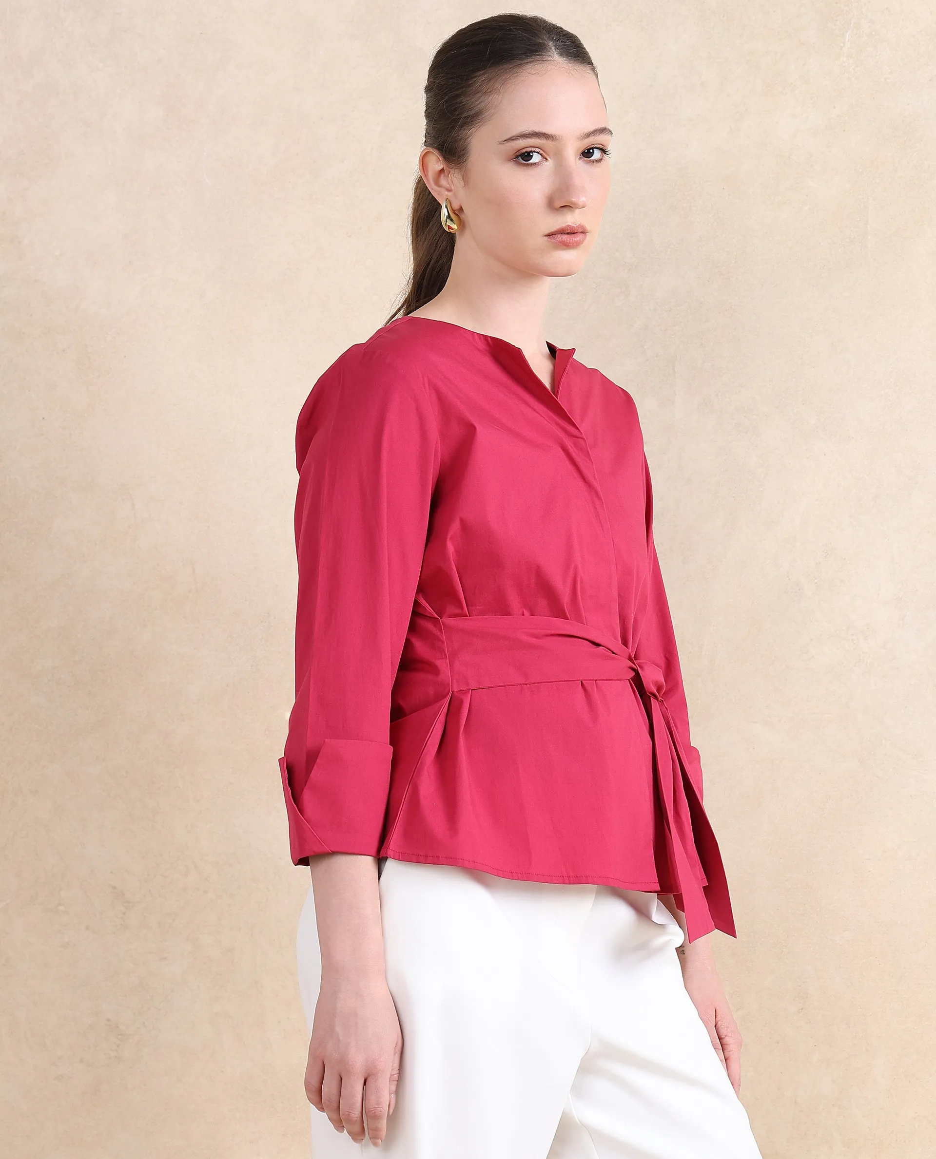 Rareism Women Medui Dark Pink Cotton Blend Fabric 3/4Th Sleeve Built Up Neck Button Closure Plain Top